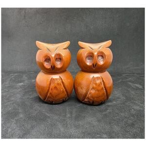 Vintage Owl Wood Salt and Pepper Shakers with Original Cork Stoppers